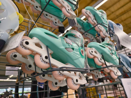 Colorful roller skates are stacked neatly, creating an interesting displayの写真素材