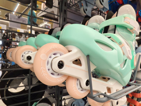 Colorful roller skates are stacked neatly, creating an interesting displayの写真素材