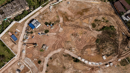 Aerial view of development of new road construction or overpass under constructionの写真素材