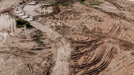 Aerial view of development of new road construction or overpass under constructionの写真素材