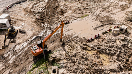 Aerial view of development of new road construction or overpass under construction