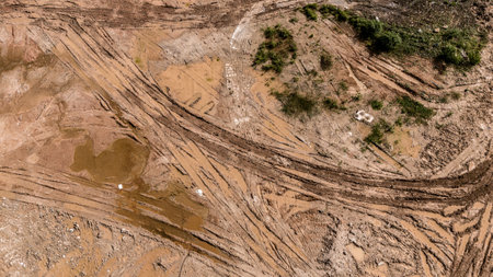 Aerial view of development of new road construction or overpass under constructionの写真素材