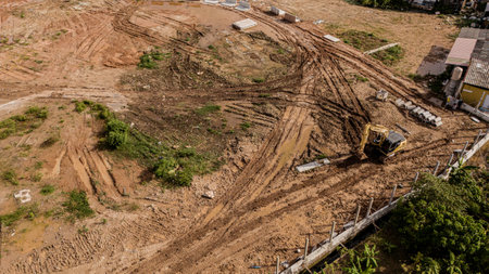 Aerial view of development of new road construction or overpass under constructionの写真素材