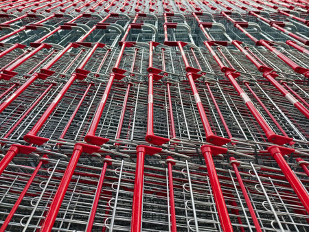 A row of shopping carts is neatly lined up in a straight rowの写真素材