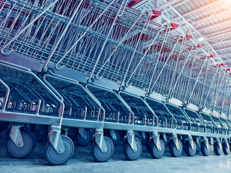A row of shopping carts is neatly lined up in a straight row