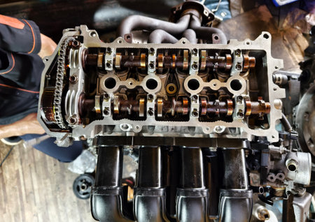 A car engine is being worked on inside a garage workshopの写真素材