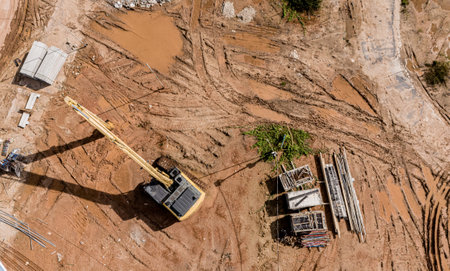 Aerial view of development of new road construction or overpass under constructionの写真素材