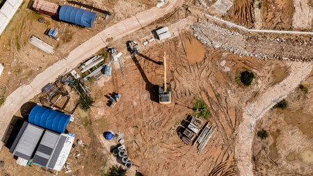 Aerial view of development of new road construction or overpass under construction