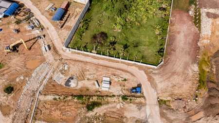 Aerial view of development of new road construction or overpass under constructionの写真素材