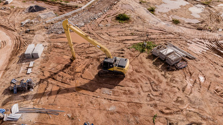 Aerial view of development of new road construction or overpass under constructionの写真素材