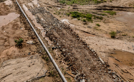 Aerial view of development of new road construction or overpass under constructionの写真素材