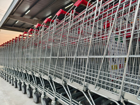 A row of shopping carts is neatly lined up in a straight rowの写真素材