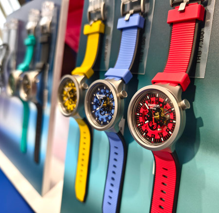 MAY 18, 2025 - PHUKET, THAILAND: A vibrant array of colorful watches is displayed in a rowの写真素材