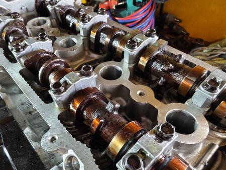 A car engine is being worked on inside a garage workshopの写真素材