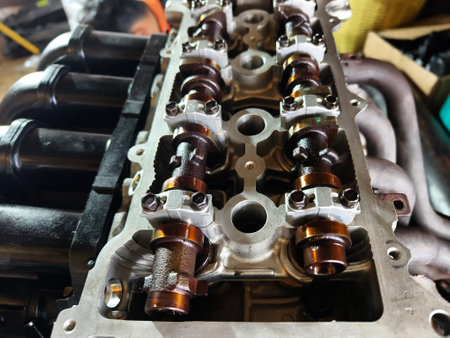 A car engine is being worked on inside a garage workshopの写真素材