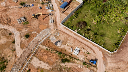 Aerial view of development of new road construction or overpass under construction