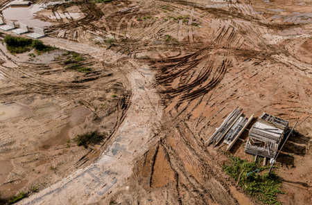 Aerial view of development of new road construction or overpass under construction