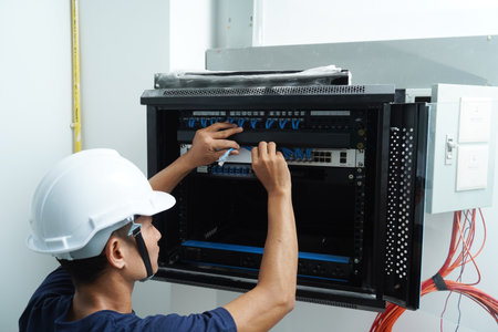 A maintenance technician works in a server room with a fiber optic hubの写真素材