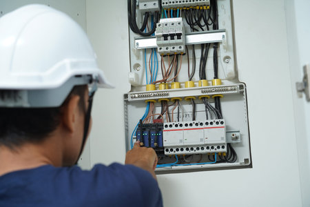 Electrician working checking a switchboard with fuses