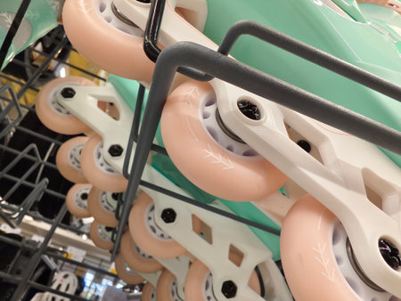 Colorful roller skates are stacked neatly, creating an interesting displayの写真素材