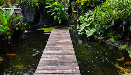 A charming wooden bridge spans a tranquil pond in a serene gardenの写真素材