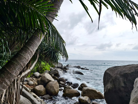 The powerful waves are forcefully crashing against the rocks in the vast oceanの写真素材
