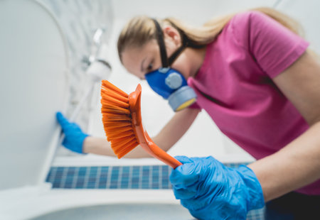 Young housewife diligently scrubs and cleans the toilet bowl in bathroomの写真素材