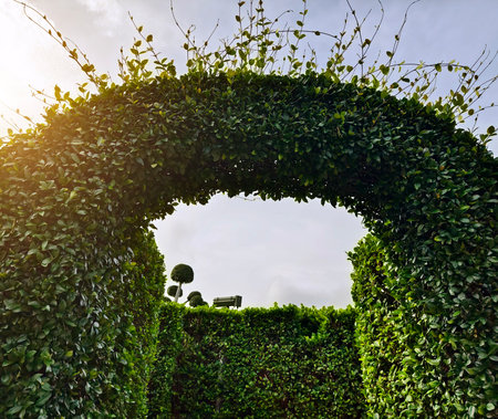 A beautiful garden that is filled with numerous bushes and treesの写真素材