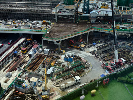 An aerial perspective showcasing a construction site located in a bustling cityの写真素材