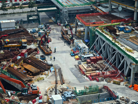 An aerial perspective showcasing a construction site located in a bustling cityの写真素材
