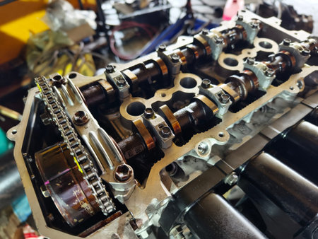A car engine is being worked on inside a garage workshop