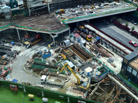 An aerial perspective showcasing a construction site located in a bustling city