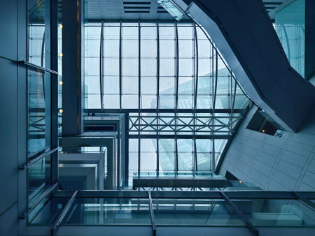Perspective background of magnificent towering building with intricate designs of glass and metal