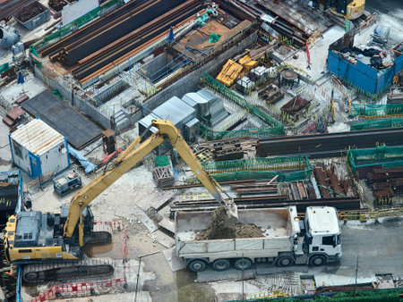 An aerial perspective showcasing a construction site located in a bustling city