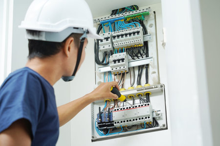 Electrician working checking a switchboard with fuses