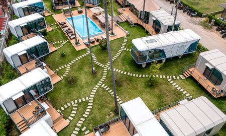 Modern hotel modular buildings with swimming pool in tropical area