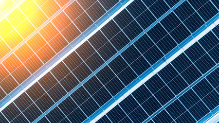 Energy efficient rooftop with multiple solar panels installed on a contemporary mall