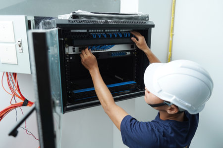 A maintenance technician works in a server room with a fiber optic hubの写真素材