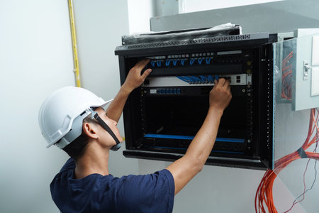 A maintenance technician works in a server room with a fiber optic hub