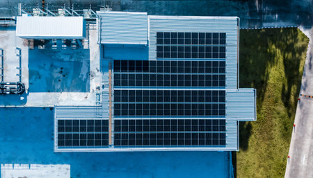 Energy efficient rooftop with multiple solar panels installed on a contemporary mall