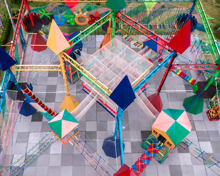 Aerial view of a colorful playground with squares and trianglesの写真素材