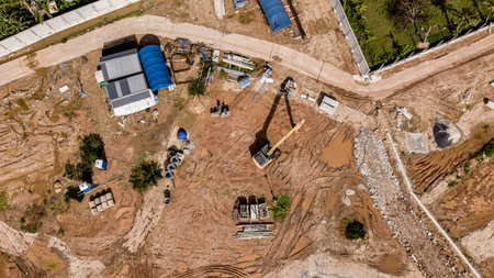 Aerial view of development of new road construction or overpass under construction