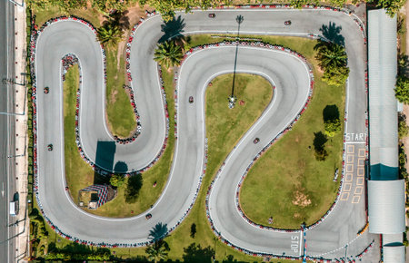 Top view go karting circuit with roads and tires