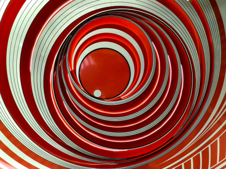 Abstract design with curved red layers and metallic stripesの写真素材
