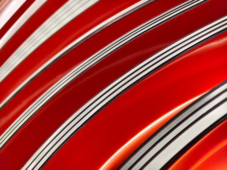 Abstract design with curved red layers and metallic stripesの写真素材