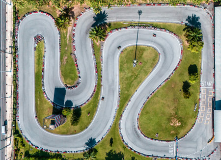Top view go karting circuit with roads and tiresの写真素材