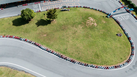 Top view go karting circuit with roads and tiresの写真素材