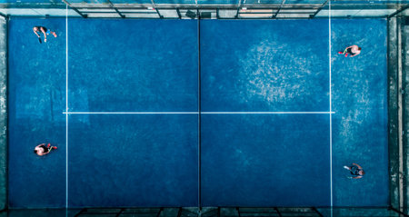 Aerial view of practice people at the blue paddle tennis courtsの写真素材