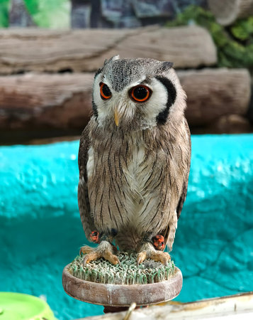 A majestic owl gracefully sitting on a surface.の写真素材