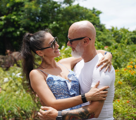 A couple of man and woman hugging.の写真素材